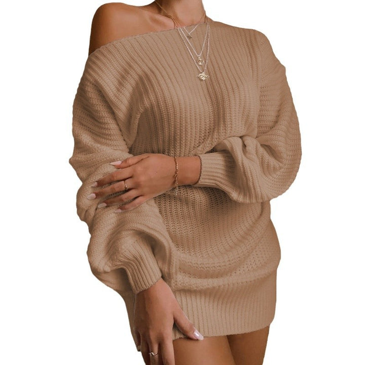 Damen Strickpullover Kleid mit off-shoulder Ausschnitt und voluminösen Ärmeln Drune