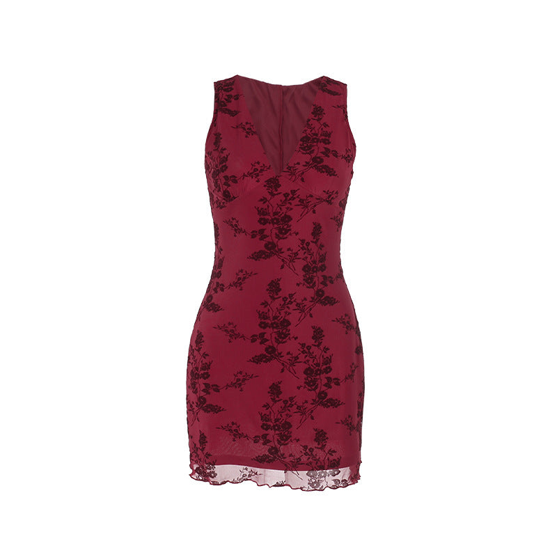 Damen figurbetontes Minikleid mit floralen Applikationen und tiefem V-Ausschnitt Drune
