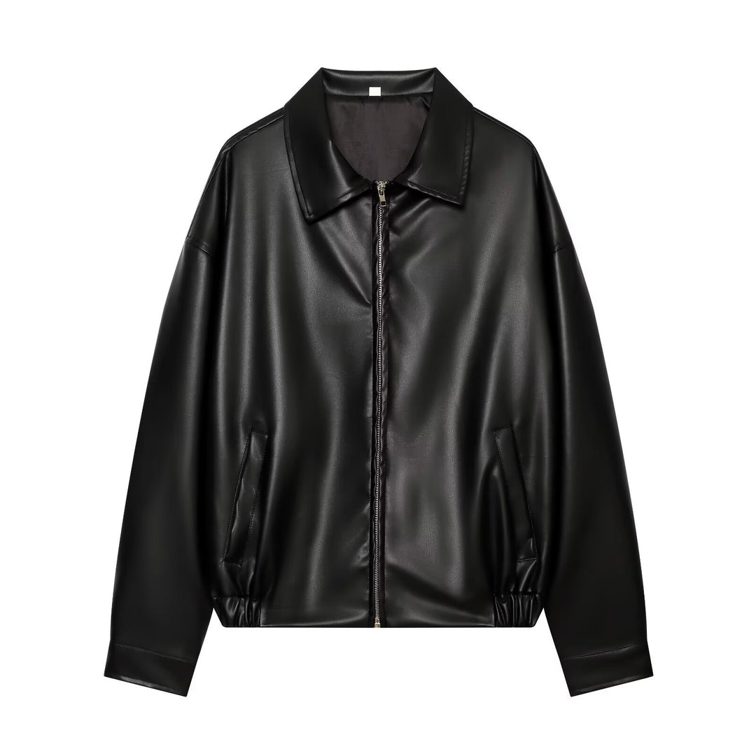Damen Oversize Kunstleder-Bomberjacke mit Reißverschluss und elastischem Saum Drune