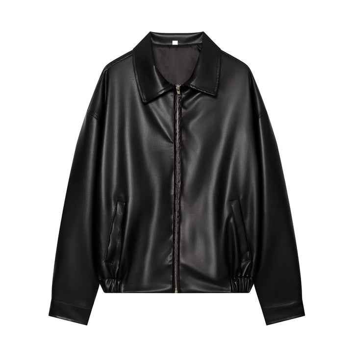 Damen Oversize Kunstleder-Bomberjacke mit Reißverschluss und elastischem Saum Drune