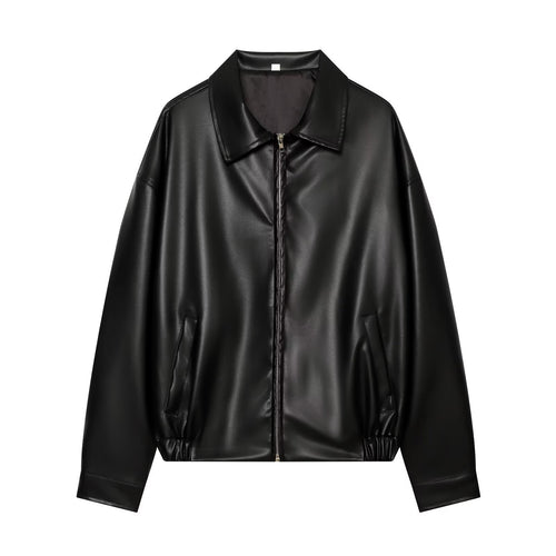 Damen Oversize Kunstleder-Bomberjacke mit Reißverschluss und elastischem Saum Drune
