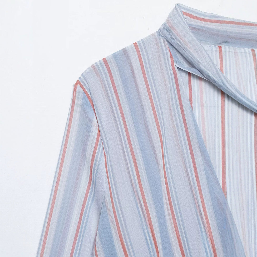 Damen Gestreifte Seidenoptik-Bluse mit Schalkragen, Bindeschleife und Volantärmeln Drune