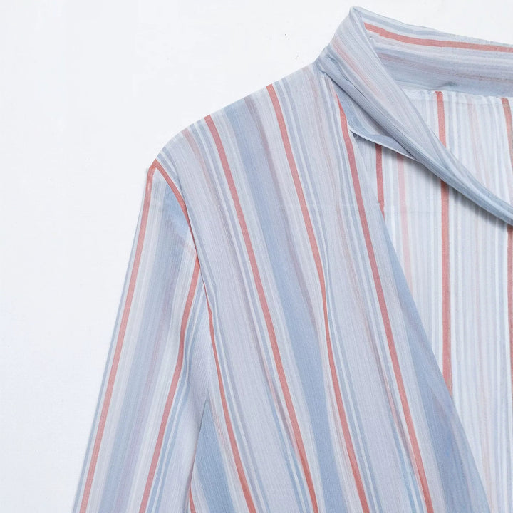Damen Gestreifte Seidenoptik-Bluse mit Schalkragen, Bindeschleife und Volantärmeln Drune