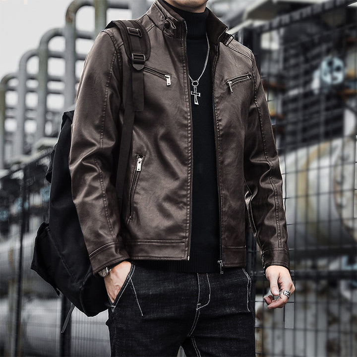 Herren Modische Kunstlederjacke mit warmem Innenfutter Drune