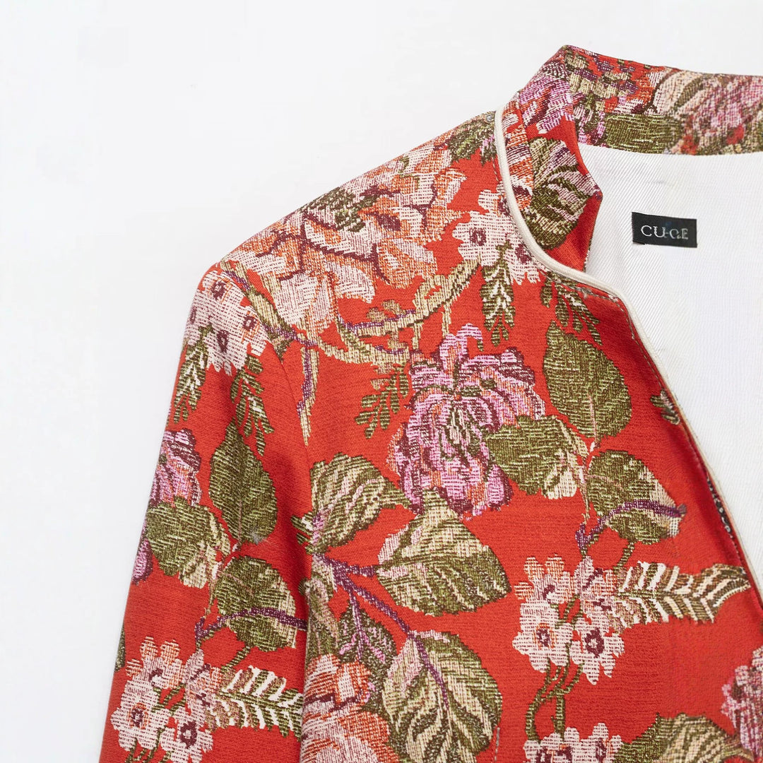 Damen floral gewebte Jacquard‑Bouclé Kurzjacke mit Stehkragen Drune