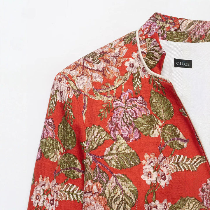 Damen floral gewebte Jacquard‑Bouclé Kurzjacke mit Stehkragen Drune