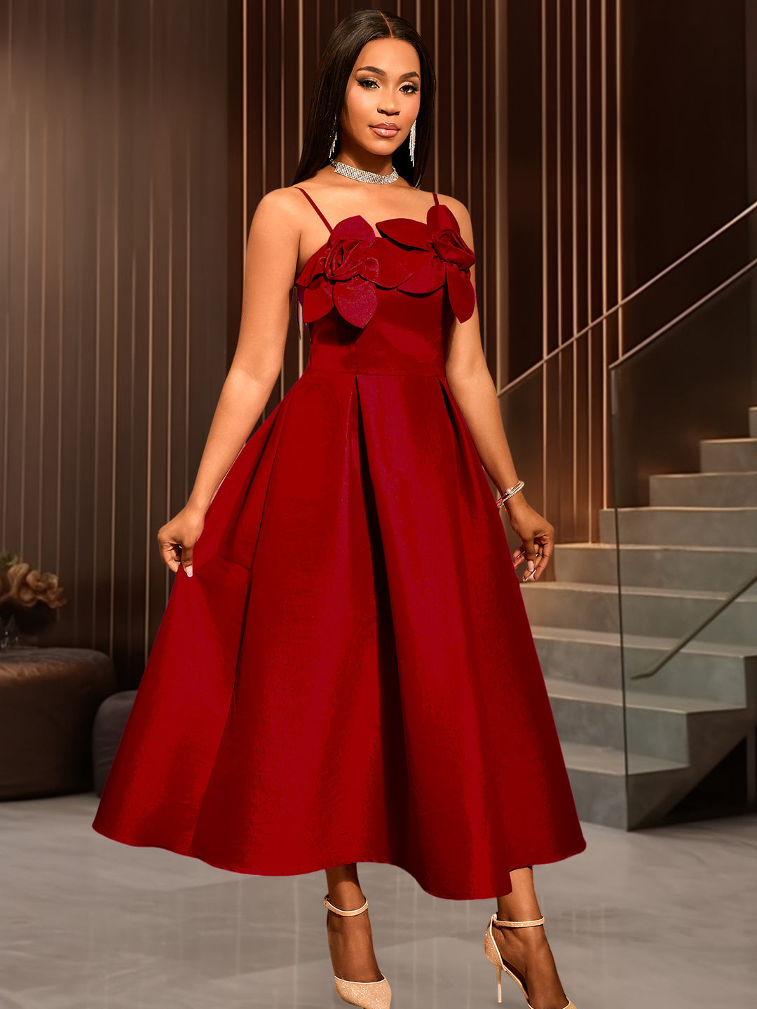 Damen festliches Maxikleid mit floralen Applikationen und elegantem Schnitt Drune