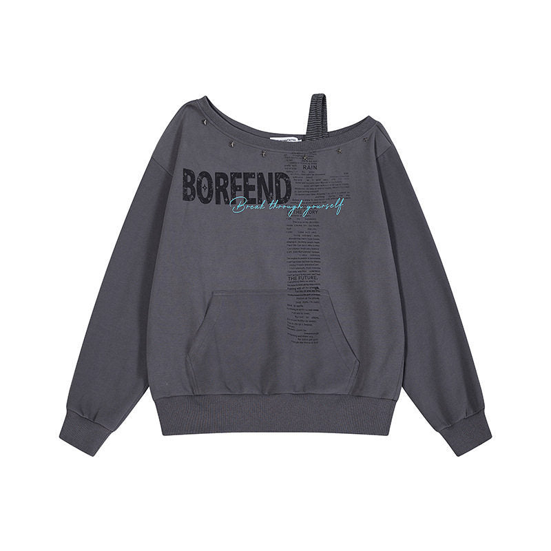 Damen Oversize-Sweatshirt mit asymmetrischem One-Shoulder-Träger, Kängurutasche und Nieten Drune