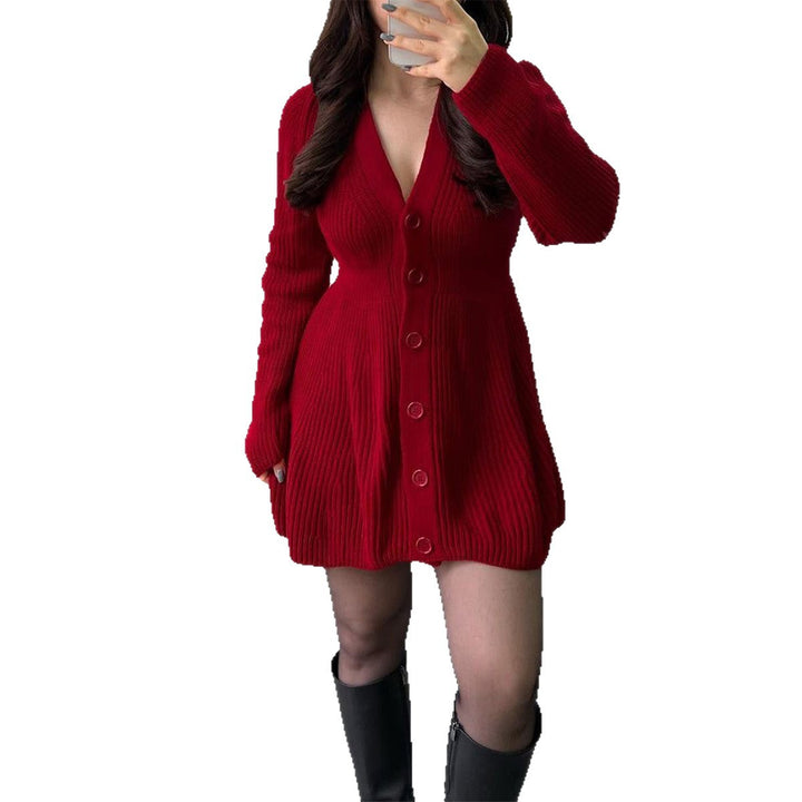 Damen nan tailliertes Strickkleid mit durchgehender Knopfleiste, V‑Ausschnitt und ausgestelltem A‑Linien‑Rock Drune