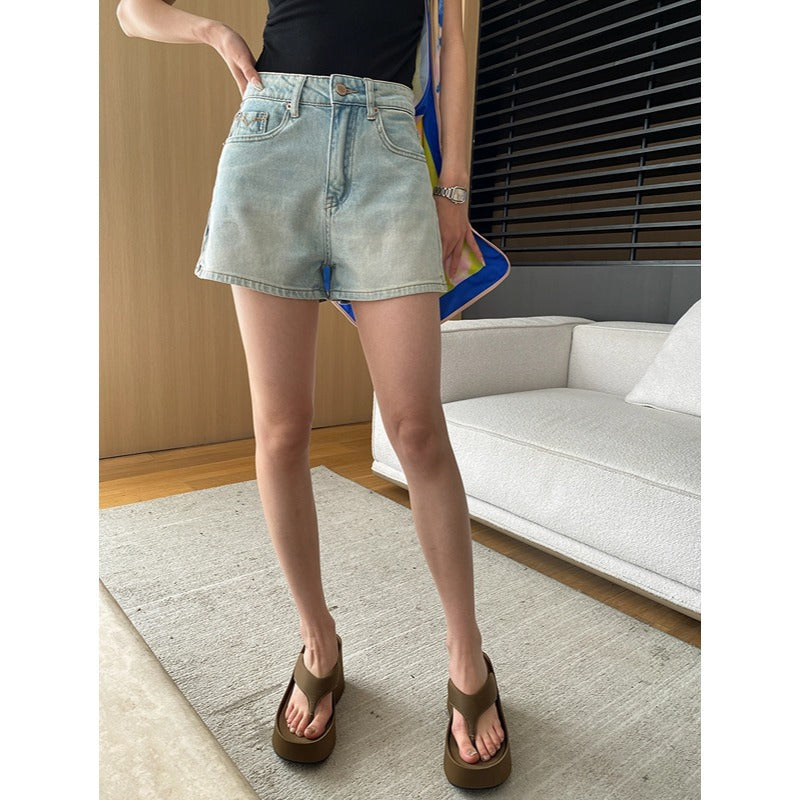 Damen lässige Denim-Shorts mit hohem Bund und authentischem Wasch-Effekt Drune