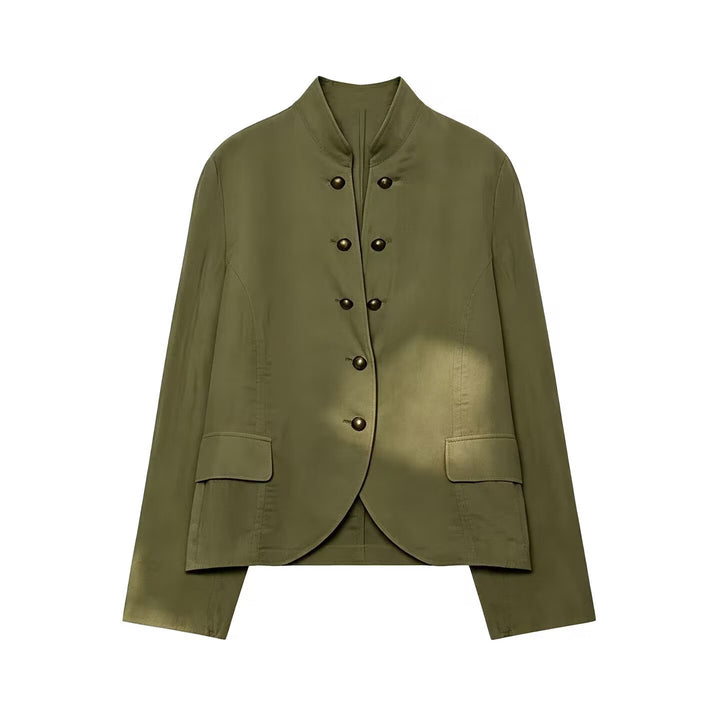 Damen Kurzblazer im Military-Stil mit Stehkragen und dekorativen Metallknöpfen Drune