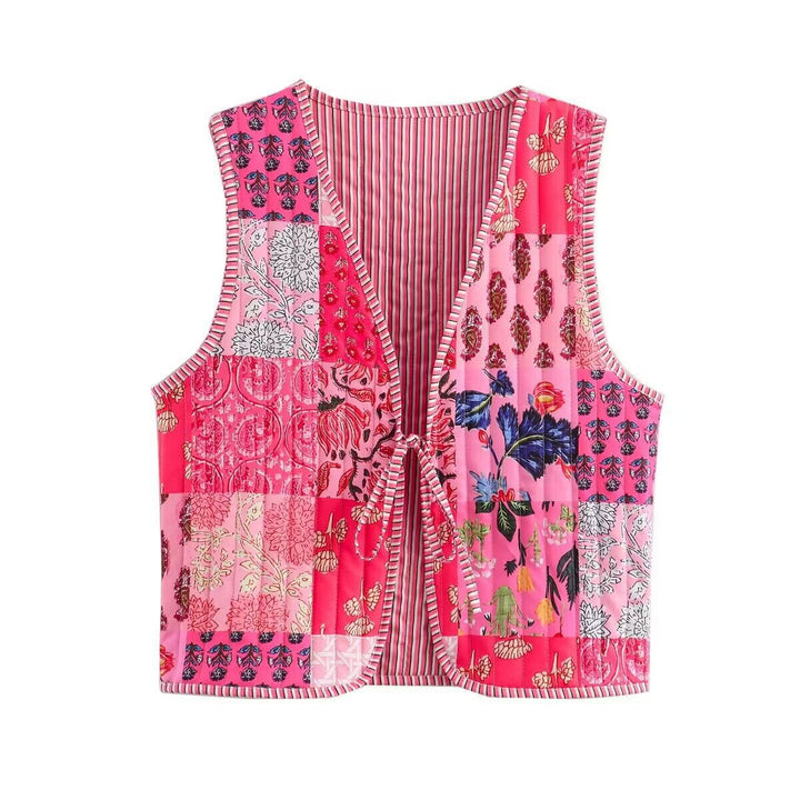 Damen Patchwork-Weste mit Bindeband und V-Ausschnitt Drune