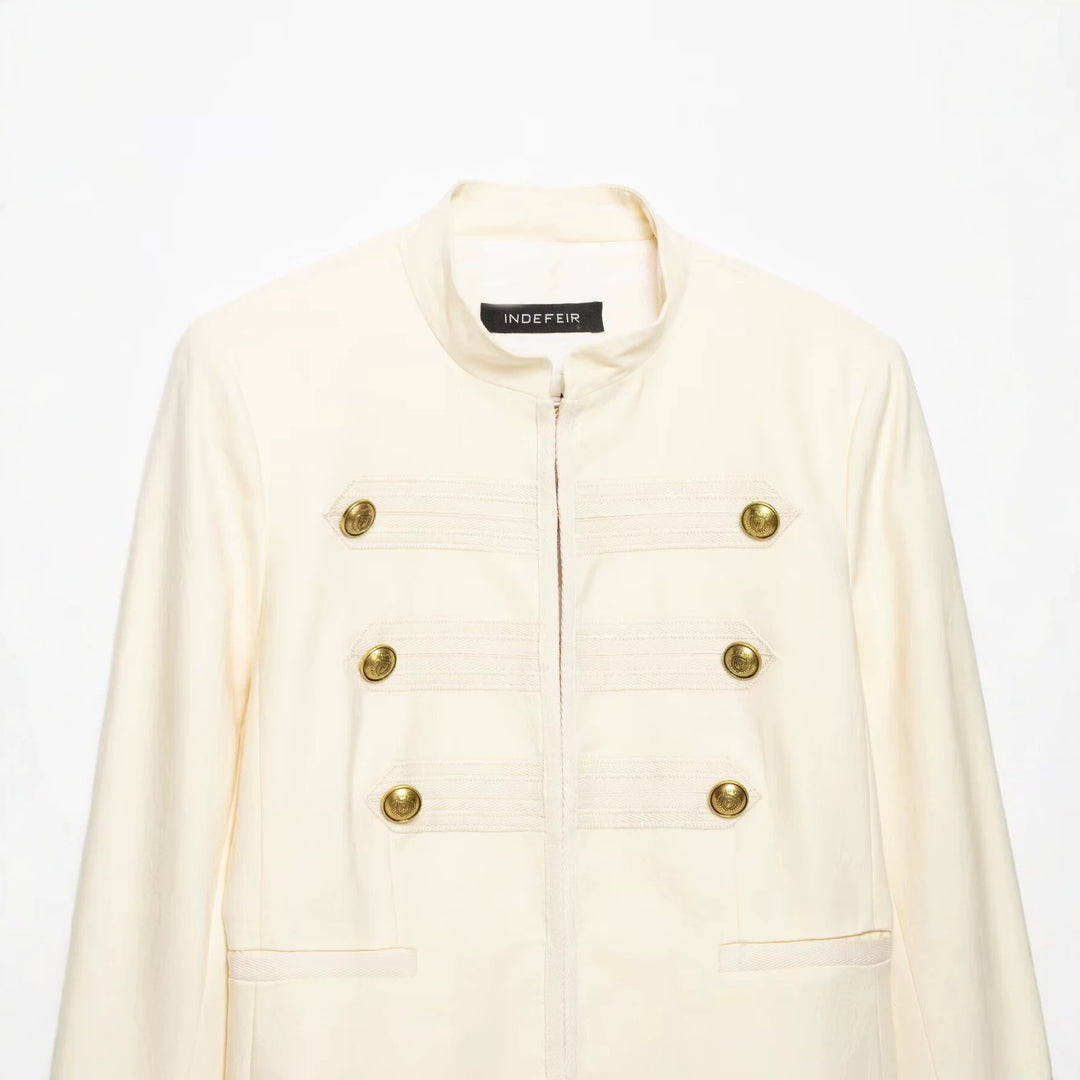 Damen Cropped Militärblazer mit Stehkragen, Zierstreifen und goldenen Statementknöpfen Drune