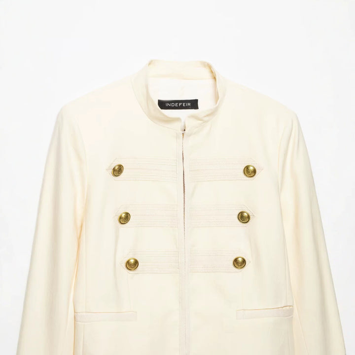 Damen Cropped Militärblazer mit Stehkragen, Zierstreifen und goldenen Statementknöpfen Drune