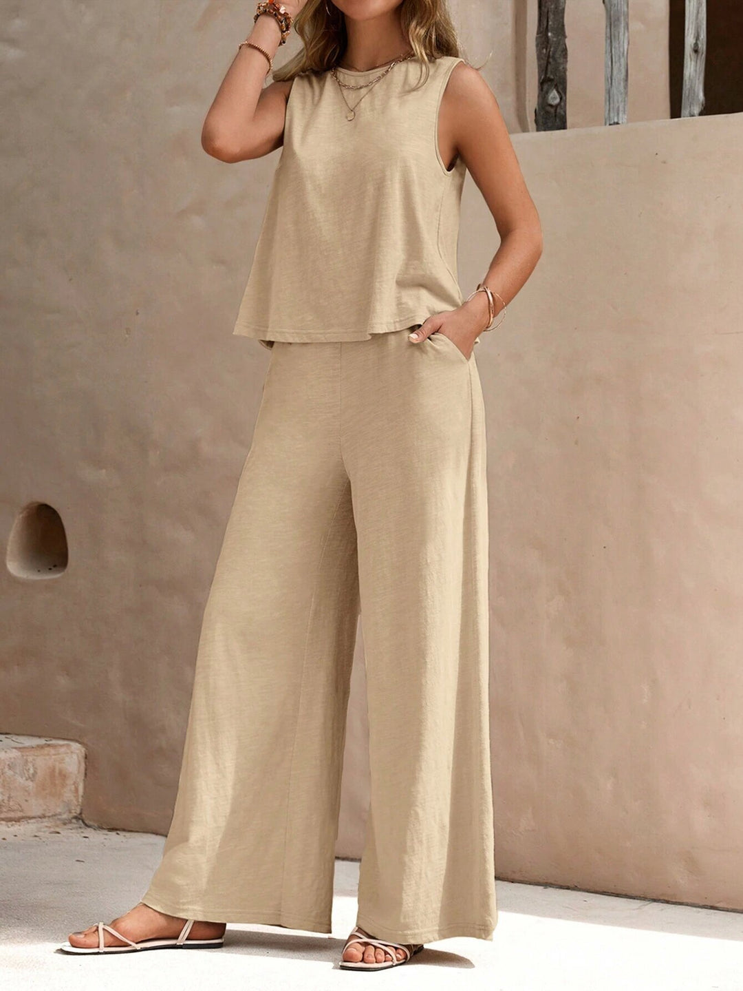 Damen Zweiteiliges Jersey-Set mit ärmellosem Top und weiter Palazzohose Drune