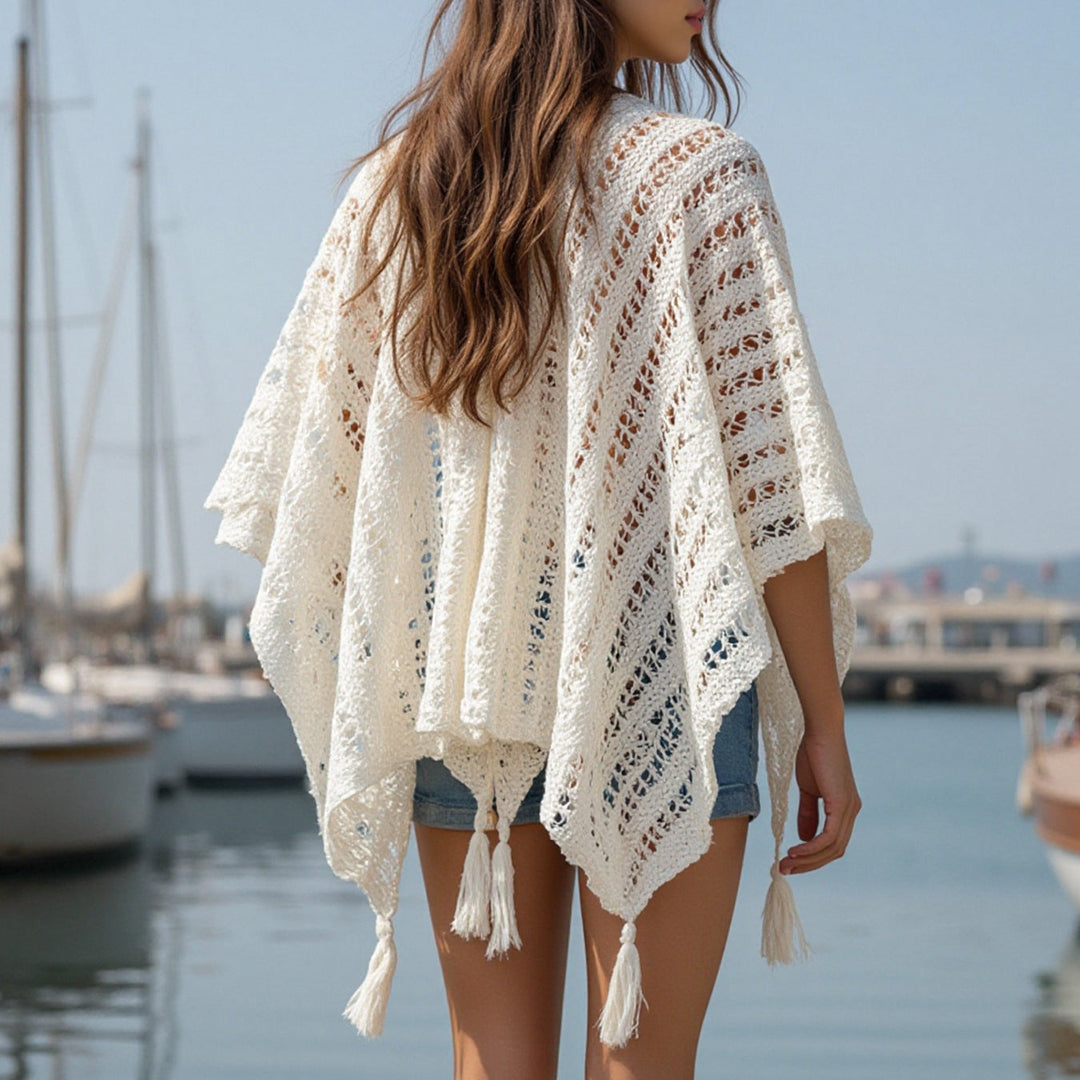 Damen luftiger Strickponcho mit Fransen Drune