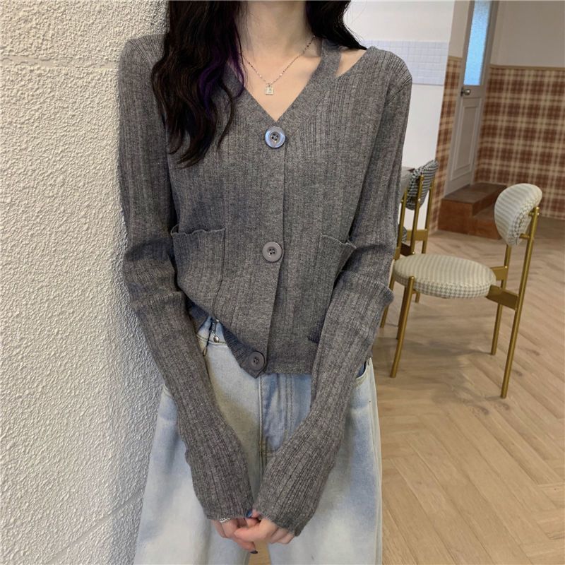 Damen Stilvolle Strickjacke mit V-Ausschnitt und Taschen Drune
