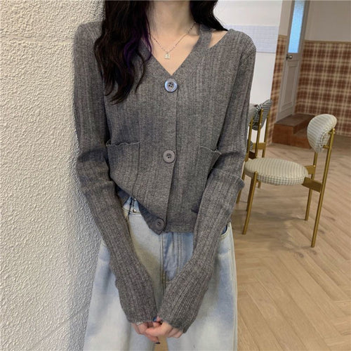 Damen Stilvolle Strickjacke mit V-Ausschnitt und Taschen Drune