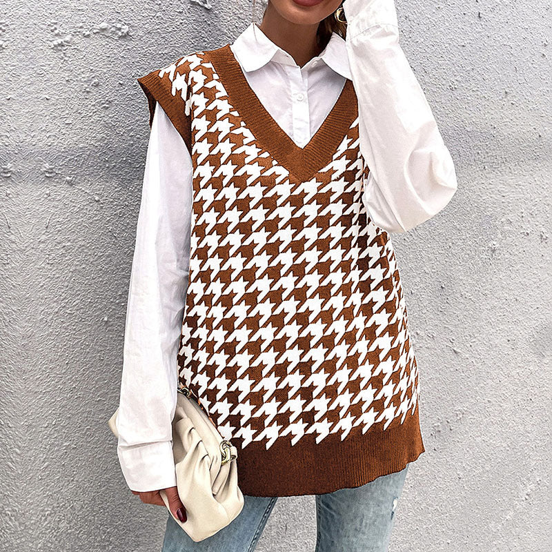 Damen Hochwertiger Strickpullover mit V-Ausschnitt und Hahnentrittmuster Drune