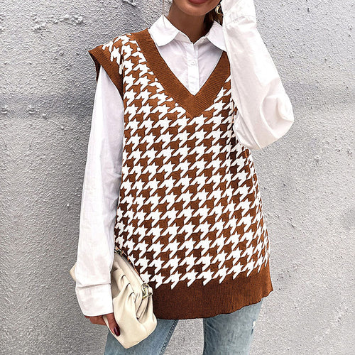Damen Hochwertiger Strickpullover mit V-Ausschnitt und Hahnentrittmuster Drune