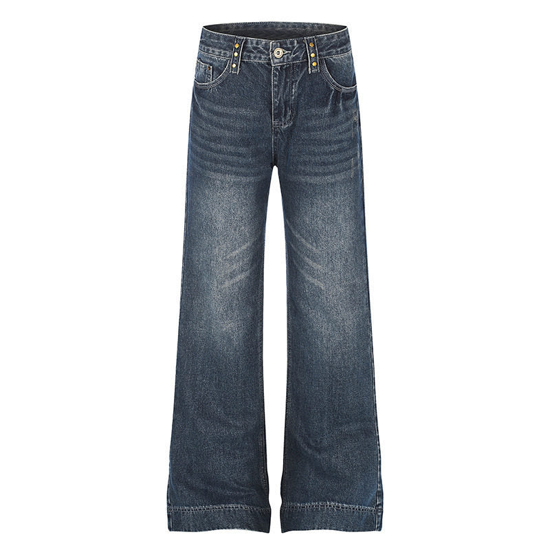 Damen Weite High‑Waist Denim Palazzo-Jeans mit weitem Bein und Vintage-Waschung Drune