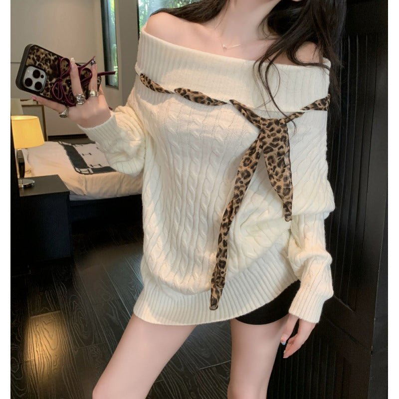 Damen Grobstrickpullover mit offener Schulter und verspieltem Schleifenakzent Drune