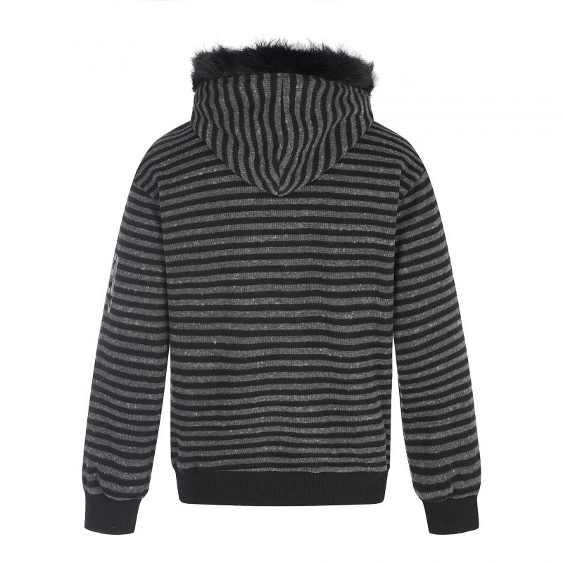 Unisex Gestreifte Kapuzen-Zipjacke mit Kunstfellkapuze und Statement-Frontprint Drune