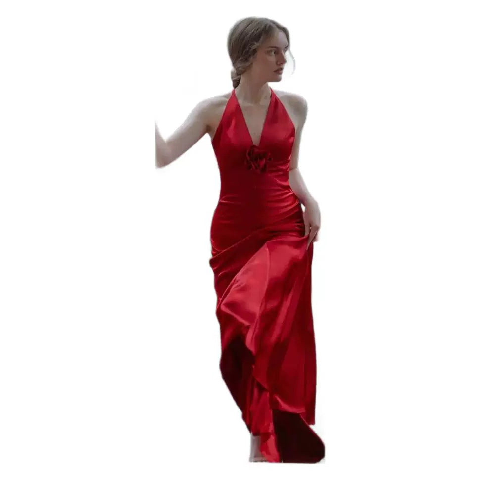 Damen Elegantes Maxikleid mit tiefem V-Ausschnitt und Rüschendetails Drune