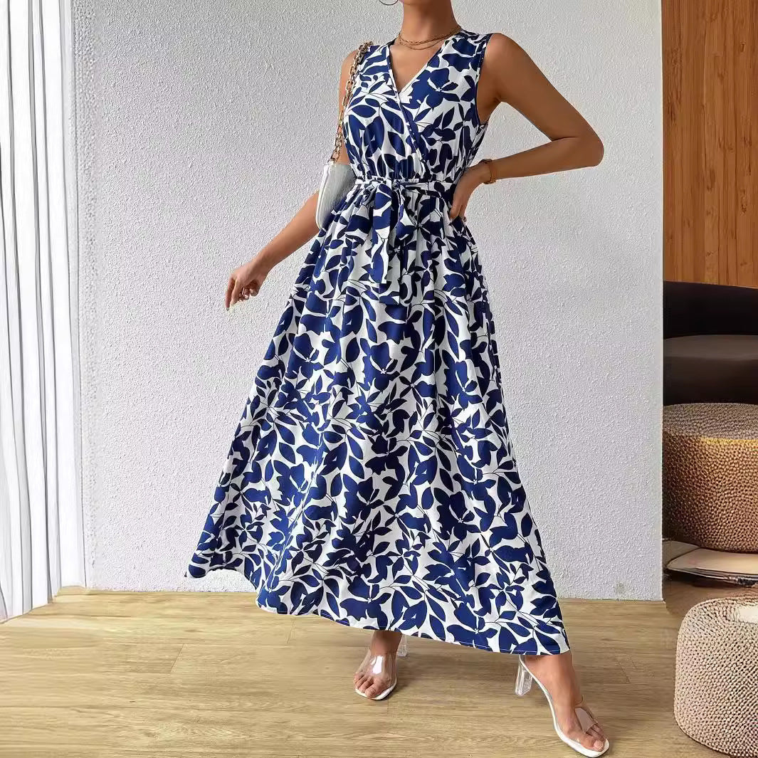 Damen nan Wickel-Maxikleid mit V-Ausschnitt und gebundenem Taillengürtel Drune