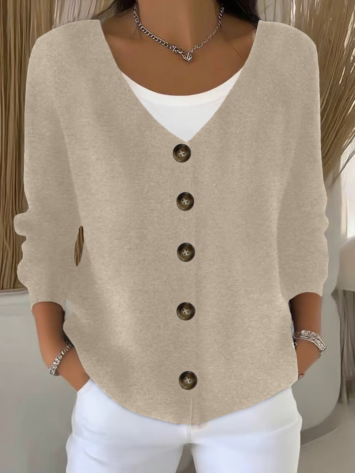 Damen Lockerer V-Ausschnitt Feinstrick-Cardigan mit Holzknopfleiste Drune