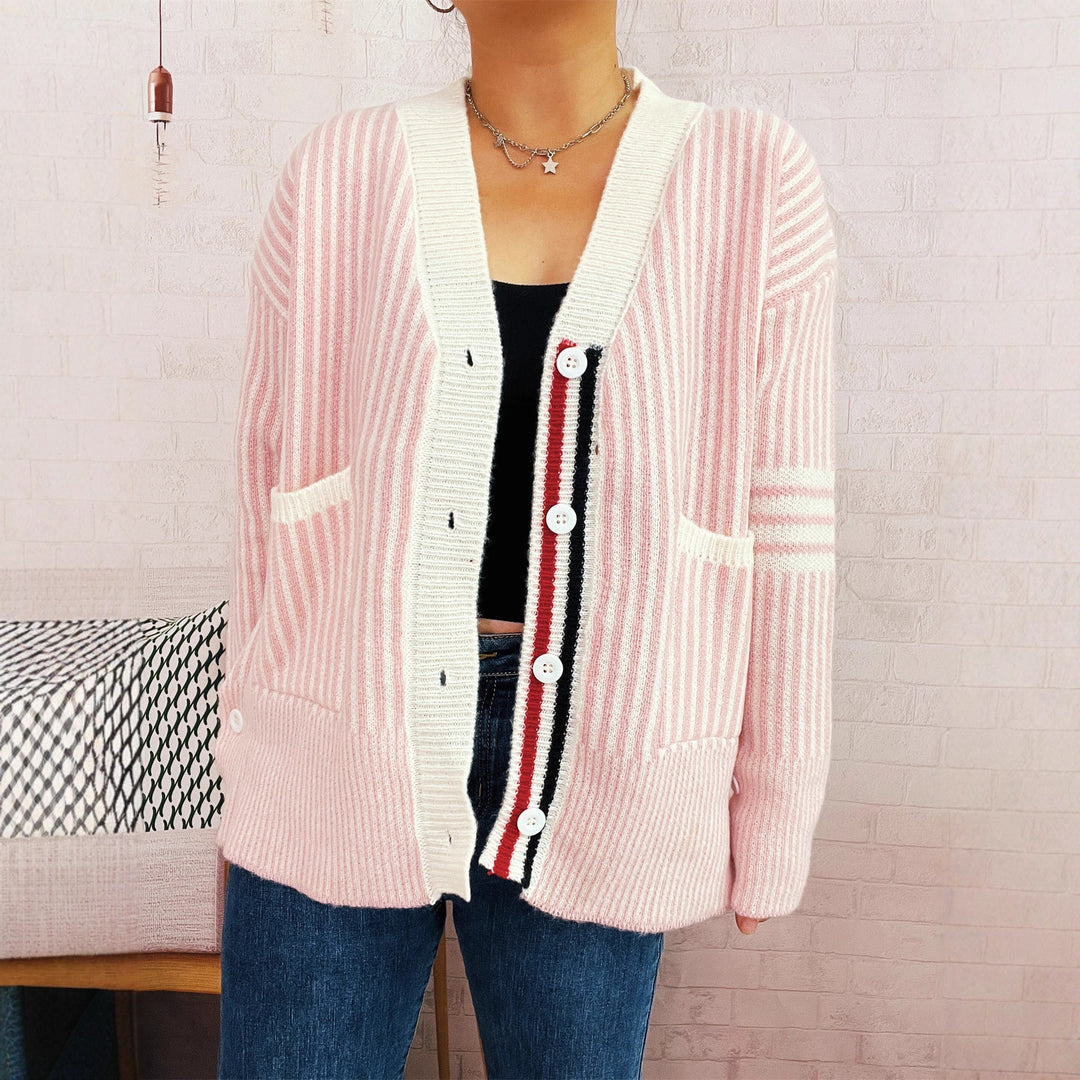 Damen gestreifter Strickcardigan mit Taschen und Knopfdetails Drune