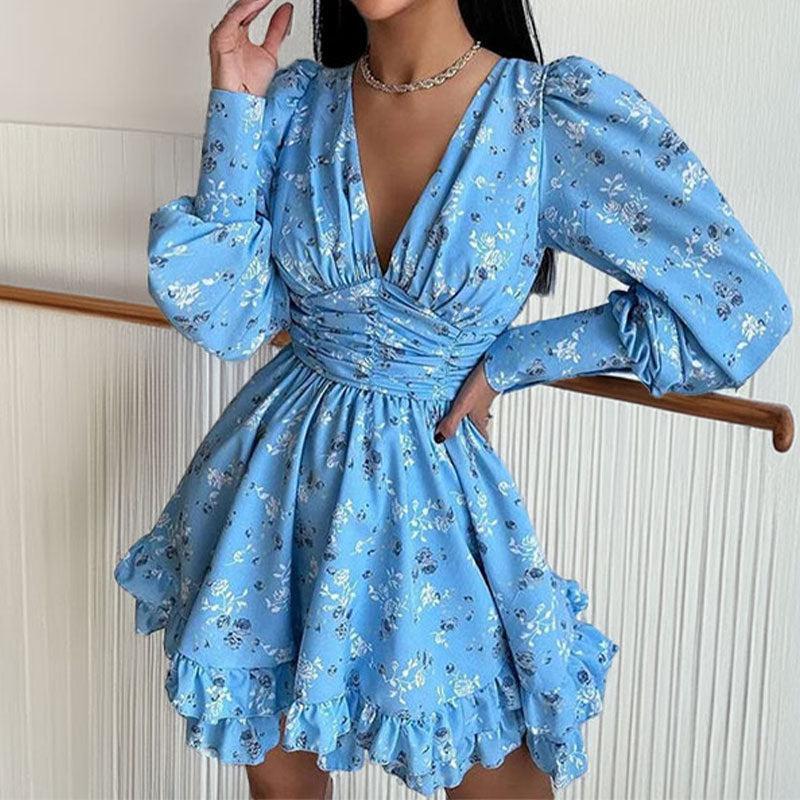 Damen Verspieltes Blumenkleid mit voluminösen Ärmeln und gerafftem Rock Drune