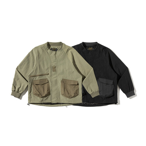 Unisex Leichte Boxy-Fieldjacke ohne Kragen mit Raglanärmeln, aufgesetzten Klappentaschen und Kordelzug Drune