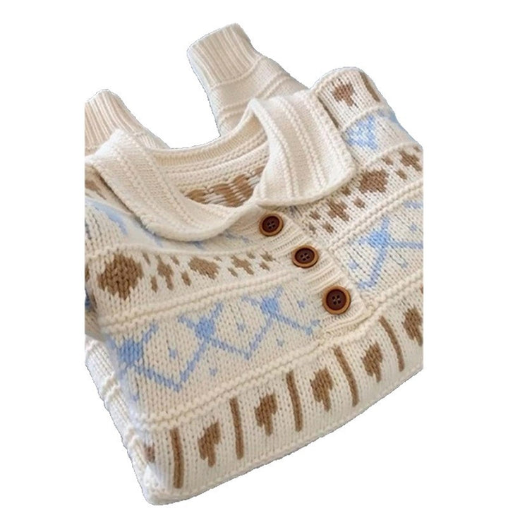 Damen Grobstrickpullover mit liebevollem Grafikumfang und romantischem Kragen Drune
