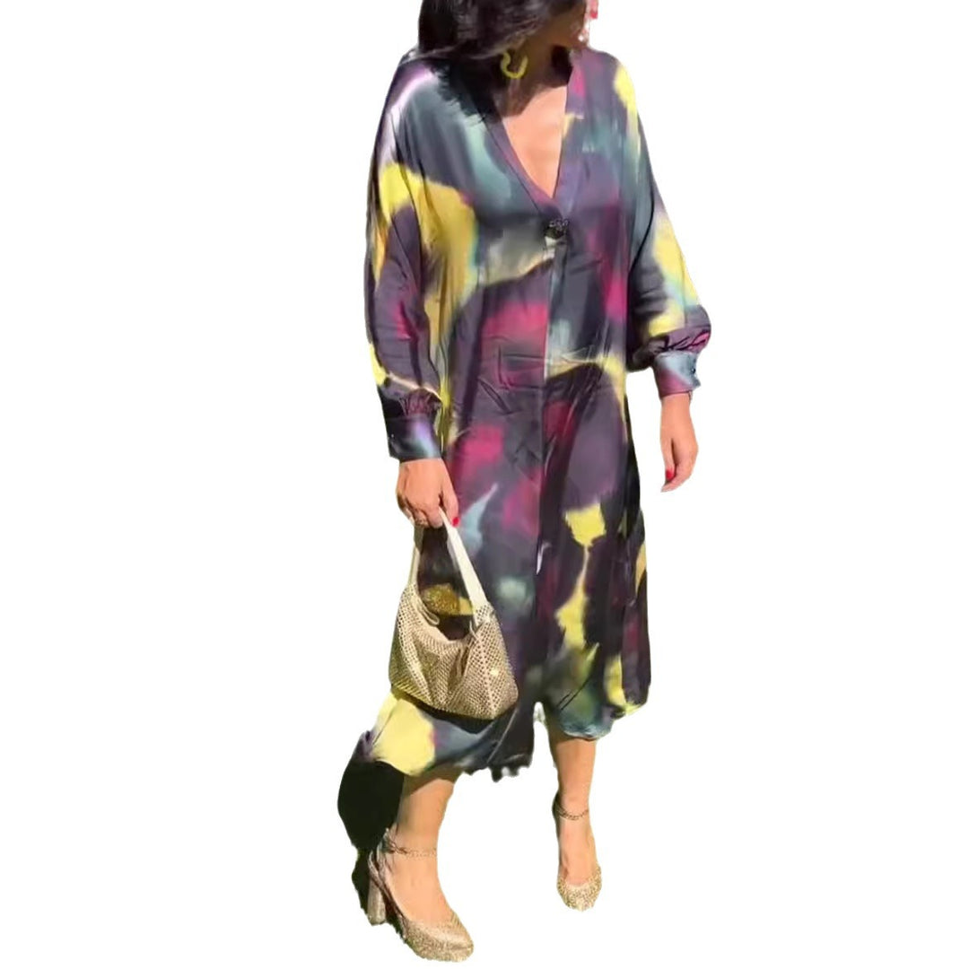Damen nan fließendes Midikleid mit abstraktem Print, V-Ausschnitt, Ballonärmeln und Schmuckverschluss Drune