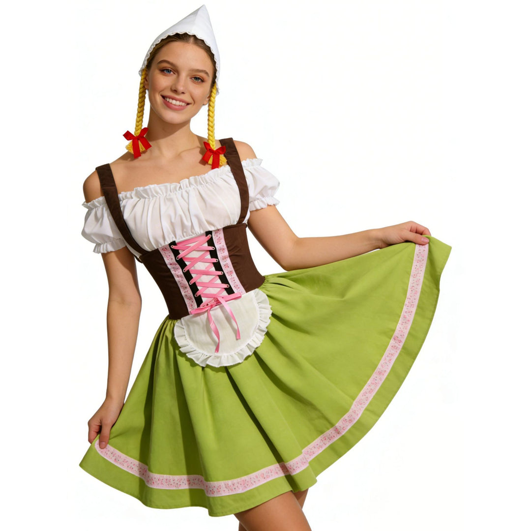 Damen nan bayerisches Oktoberfest-Biermädchen-Kostüm mit geschnürtem Mieder Puffärmeln und mehrlagigem Rock Drune