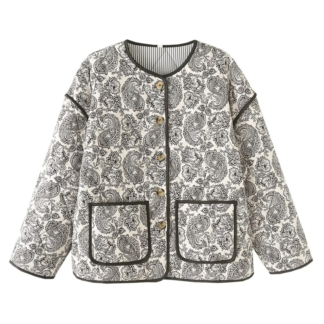 Damen nan gesteppte Paisley-Quiltjacke mit Rundhalsausschnitt aufgesetzten Taschen und kontrastierender Paspel Drune
