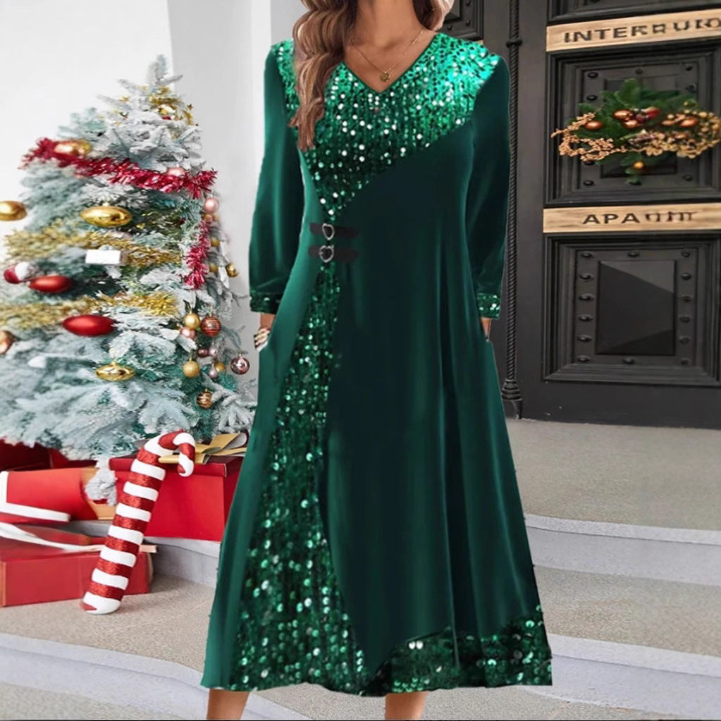 Damen nan festliches Pailletten-Panel-Maxikleid mit V-Ausschnitt langen Ärmeln und dekorativen Taillengurten Drune