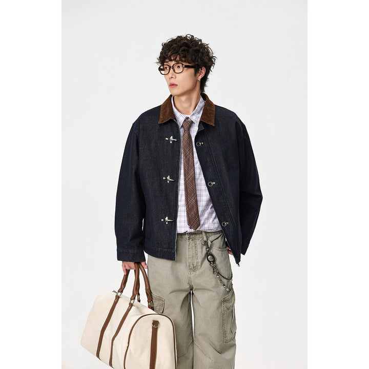 Herren Kastig geschnittener Denim‑Workwear‑Blouson mit Cord‑Umlegekragen und metallischen Hakenverschlüssen Drune