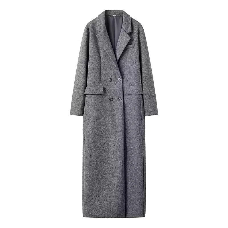 Damen 400+ langer Oversize Wollmix‑Maxi‑Mantel mit doppelreihiger Knopfleiste und Pattentaschen Drune