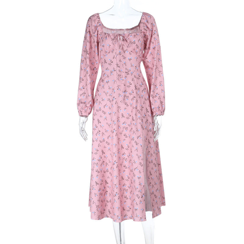 Damen Vintage-inspiriertes Midikleid mit quadratischem Ausschnitt, geraffter Brustpartie und langen Ärmeln Drune