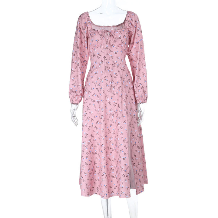 Damen Vintage-inspiriertes Midikleid mit quadratischem Ausschnitt, geraffter Brustpartie und langen Ärmeln Drune