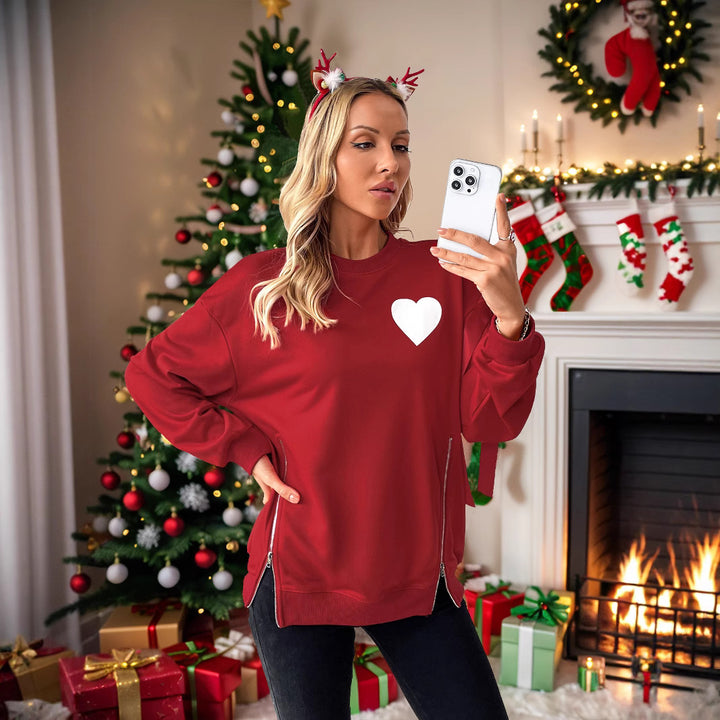 Damen Weihnachtlicher Sweatshirtpullover mit Herzapplikation und Seitenschleifen Drune