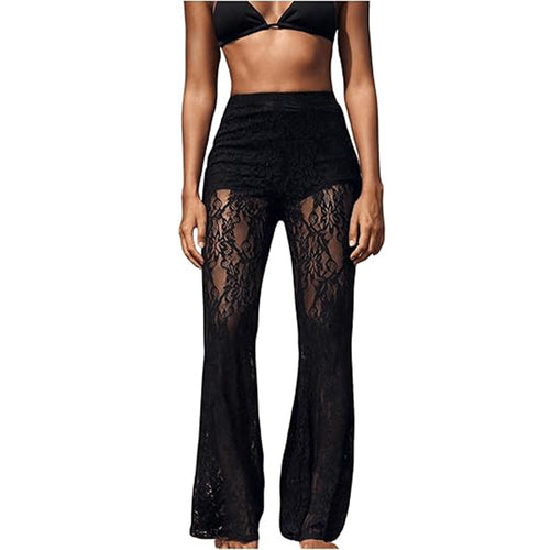 Damen elegante Spitzenhose mit hohem Bund und weit geschnittenem Bein Drune