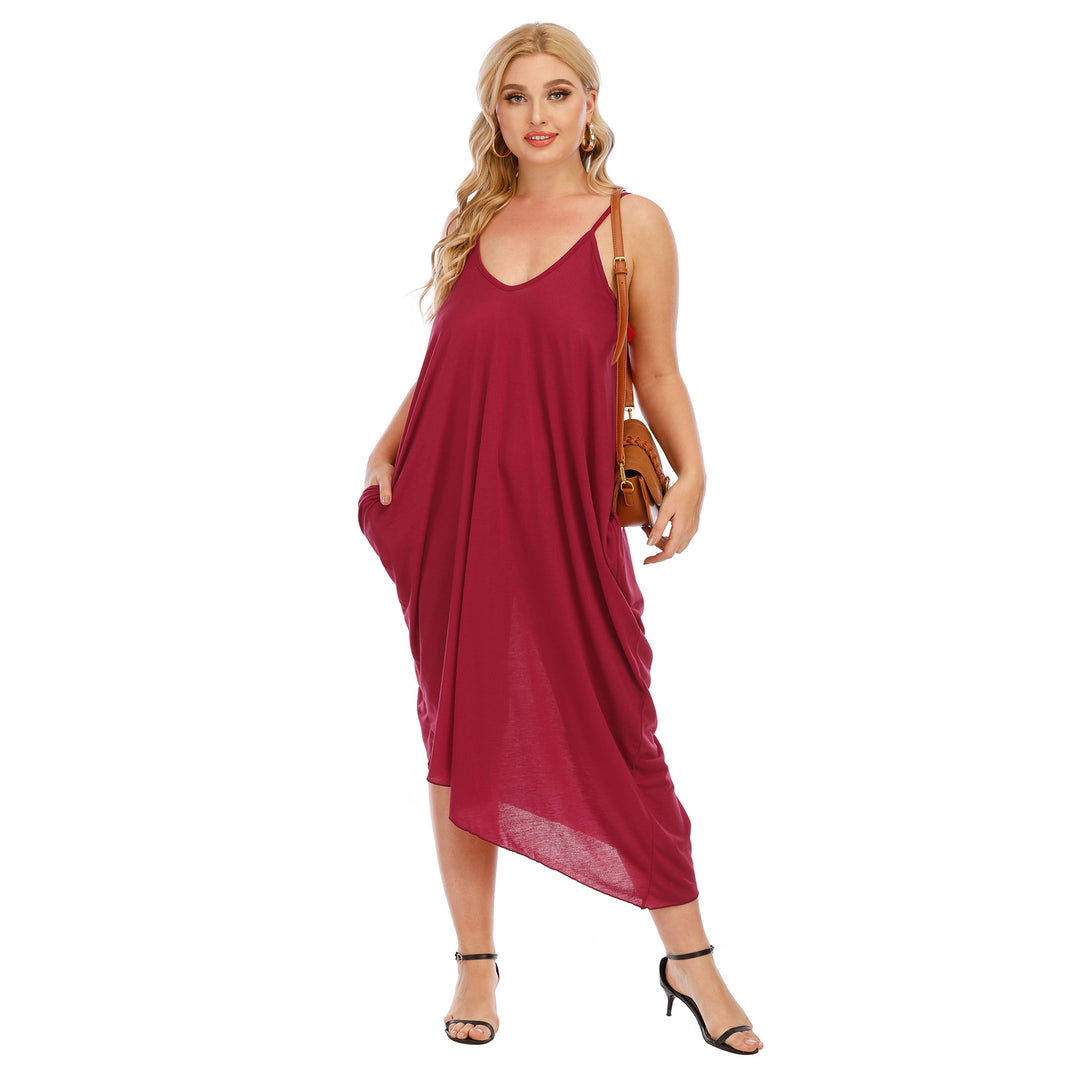 Damen lässiges Maxikleid mit tiefem V-Ausschnitt und Seitentaschen Drune