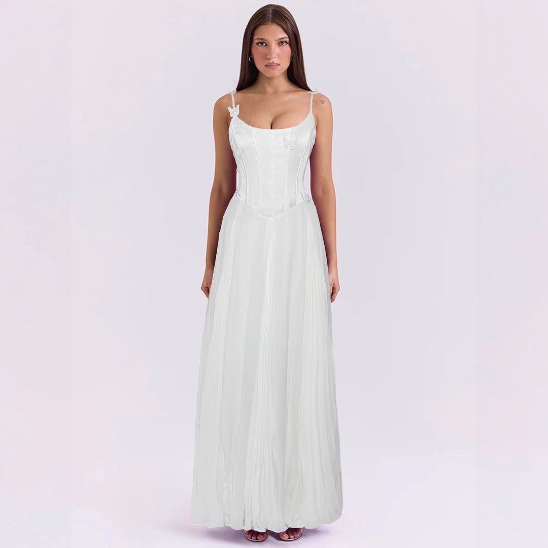 Damen nan figurbetontes Korsett-Maxikleid mit Schmetterlings-Trägern und plissiertem Chiffonrock Drune