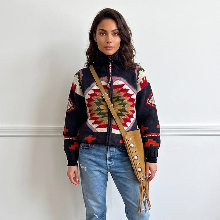 Damen Jacquard-Strickjacke mit Navajo‑Muster, Reißverschluss und hohem Kragen Drune