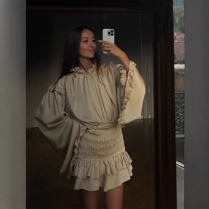 Damen Satin-Minikleid mit Ballonärmeln, Rüschen & geraffter Taille Drune