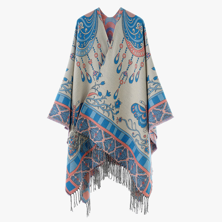 Damen Jacquard-Statement-Poncho mit Paisley- und Schmetterlingsmotiv sowie Fransen Drune