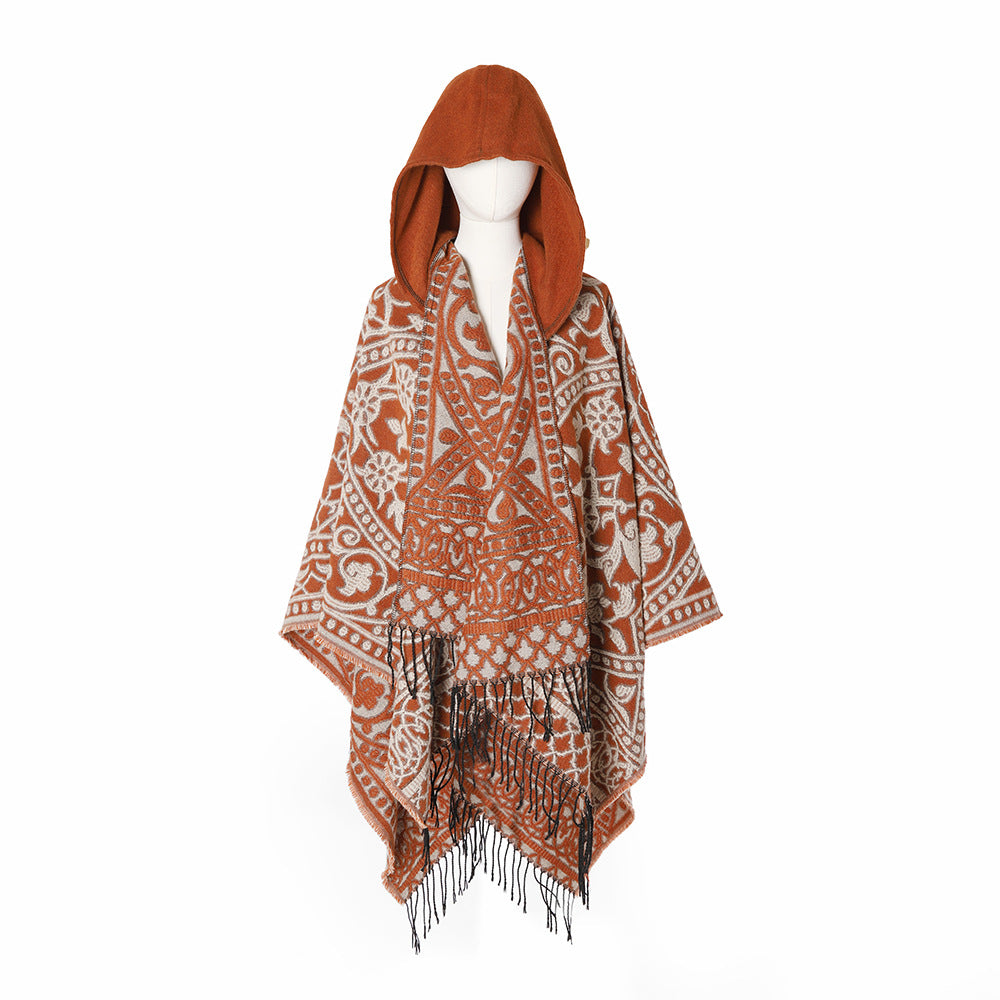Damen Kapuzen‑Capeponcho aus Wollmix mit Jacquardmuster, Fransen und Oversize‑Fall Drune